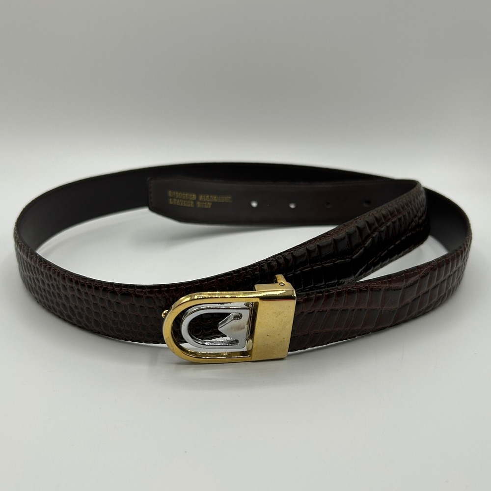 Mens Dark Brown Embossed Alligator Leather Belt Two-Tone Gold Silver Buckle 39.5